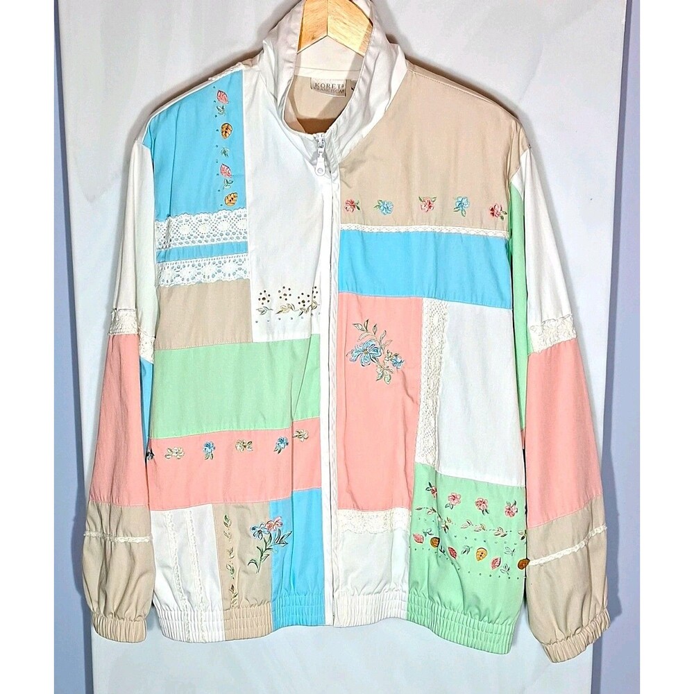 Vtg 90s Jacket L Pastel Colorblock Beaded Floral Lace Grannycore Cottagecore